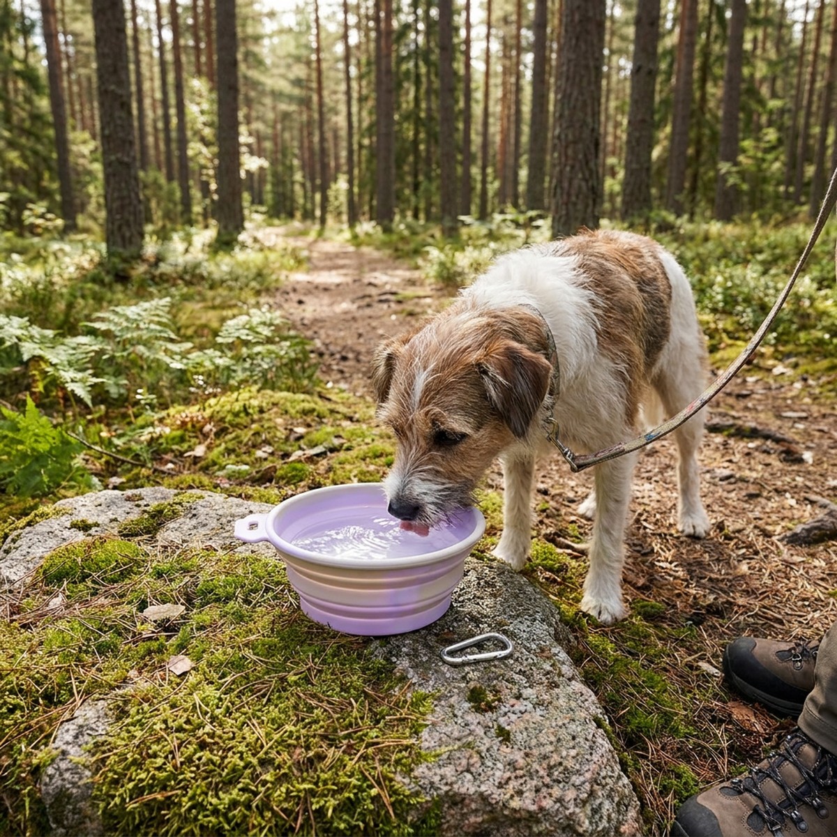 Terrier dricker vatten ur en hopfällbar lila och beige silikonskål på en mossig sten vid en skogsstig