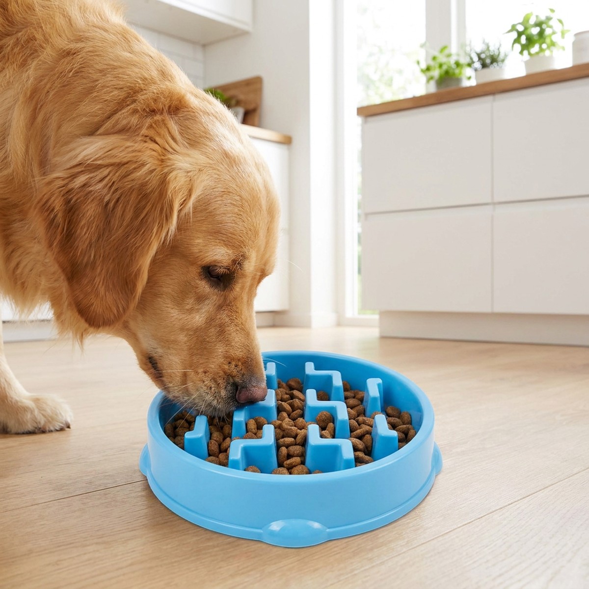 Golden retriever äter torrfoder ur en ljusblå slow feeder i plast med sicksackformade åsar