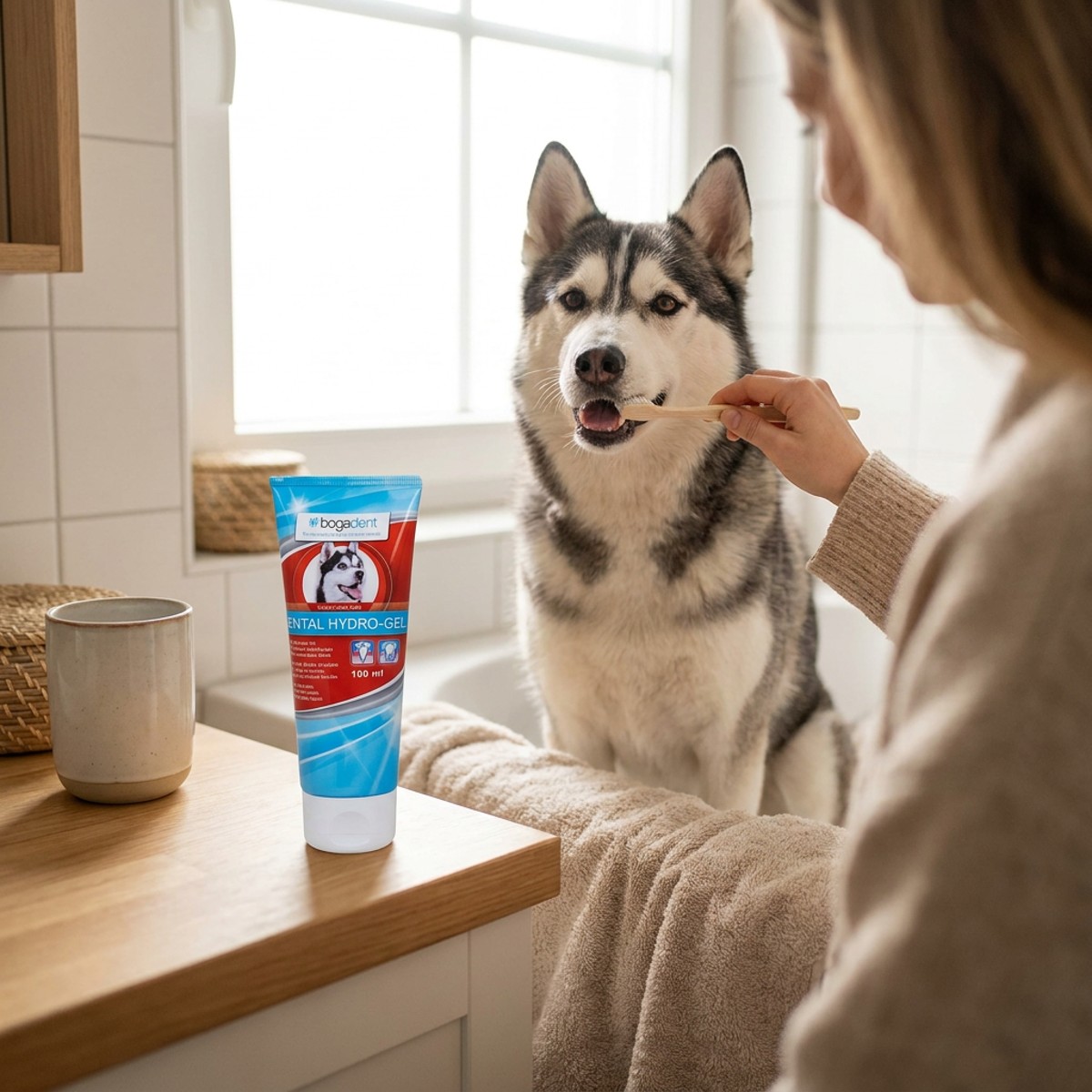 Hund som får tänderna rengjorda med Bogadent dental hydro-gel