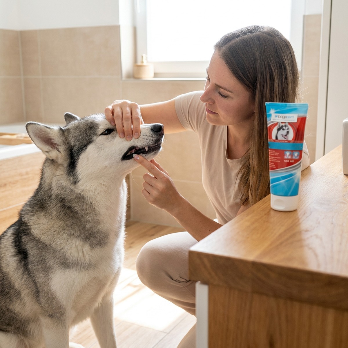 Kvinna stryker Bogadent Dental Hydro-Gel längs en huskys tandkött med fingertoppen medan tuben står på badrumsbänken