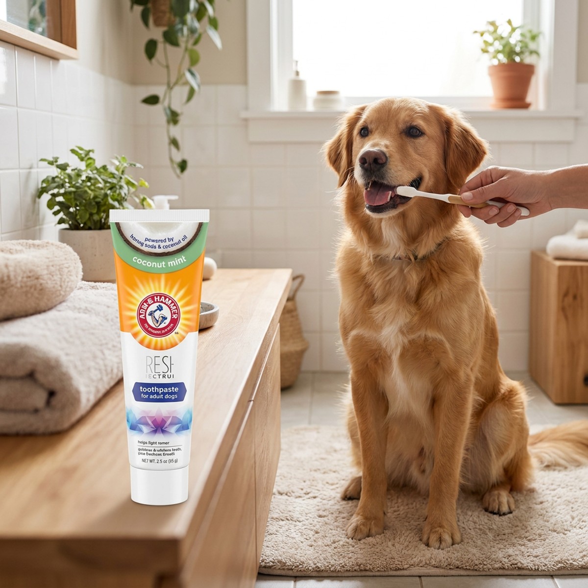 Hund som får tänderna borstade med Arm & Hammer Fresh Coconut Mint