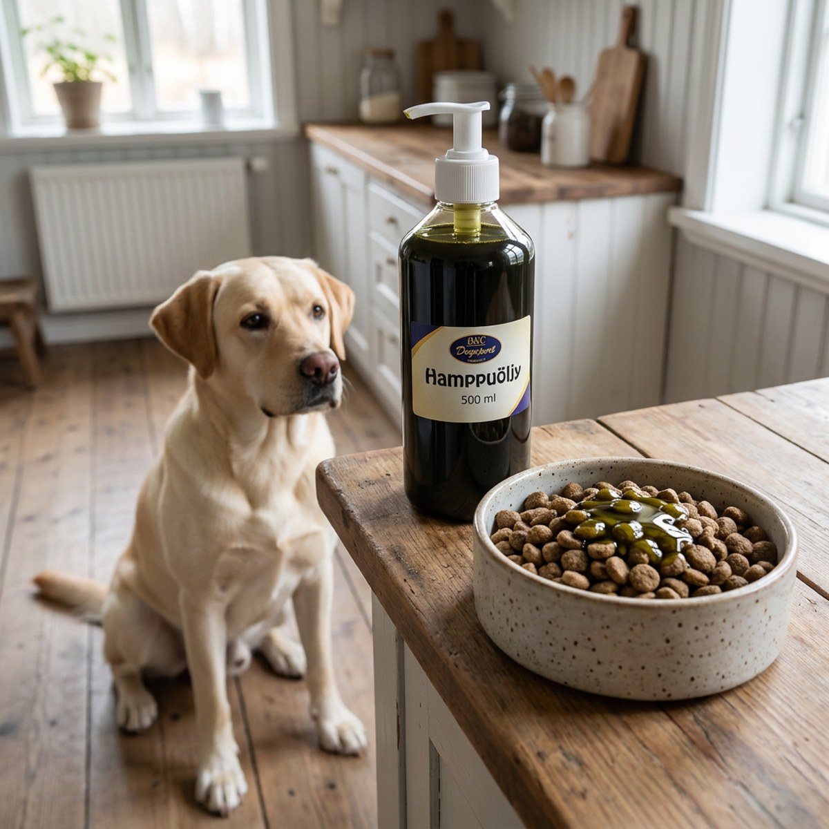 D&C Hampaolja 500 ml pumpflaska med nästan svartgrön olja bredvid en matskål där fodret fått ett lager mörkgrön olja, och en sittande labrador i ett ljust lantkök