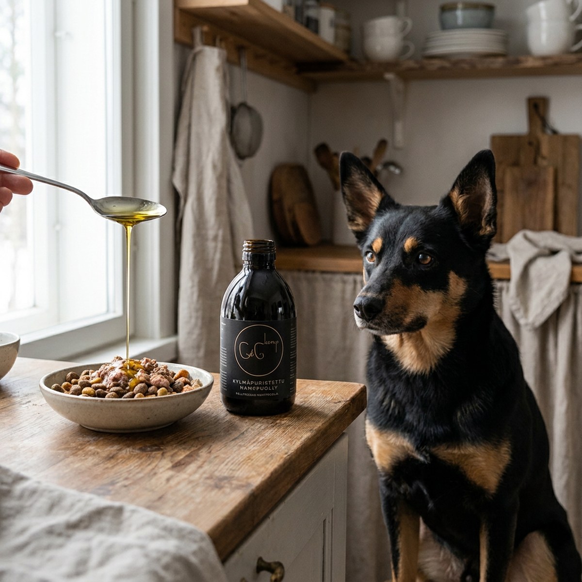 Mörk flaska Chia de Gracia hampfröolja på köksbänk med sked gyllene olja och en uppmärksam kelpie