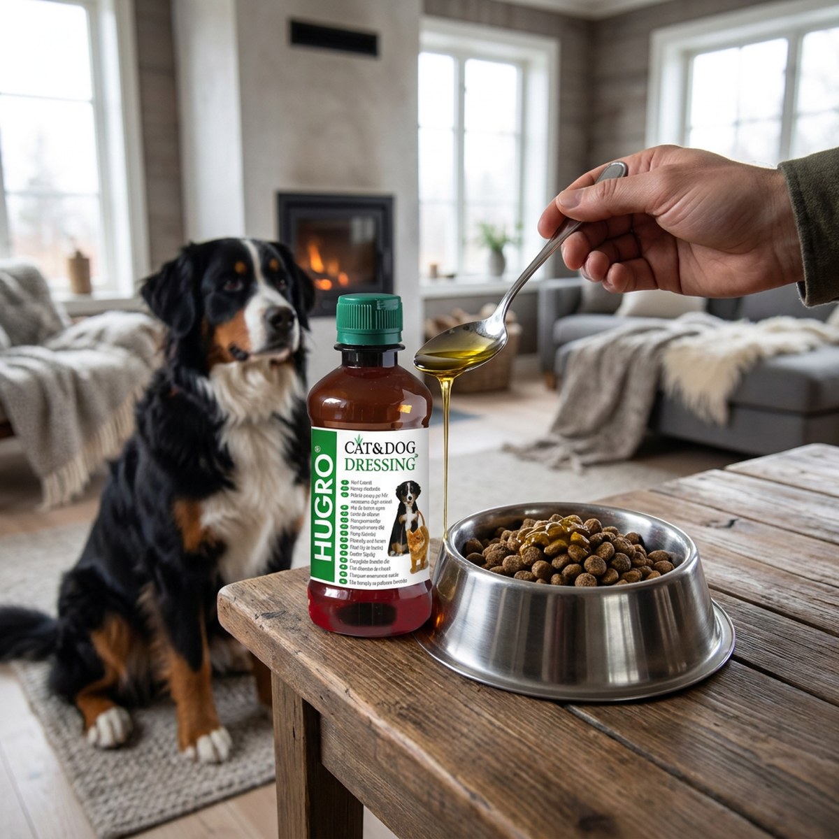 Hugro hampaolja i brun flaska med grön etikett bredvid matskål och en berner sennen i vardagsrummet