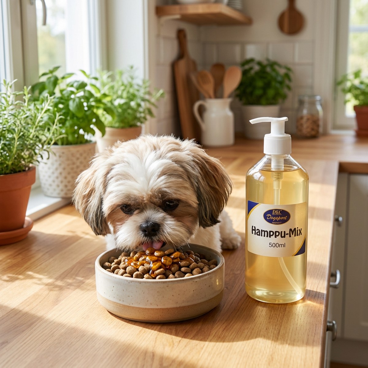 Shih tzu äter foder toppat med gyllene D&C Hampa-Mix ur pumpflaska i ett ljust svenskt kök