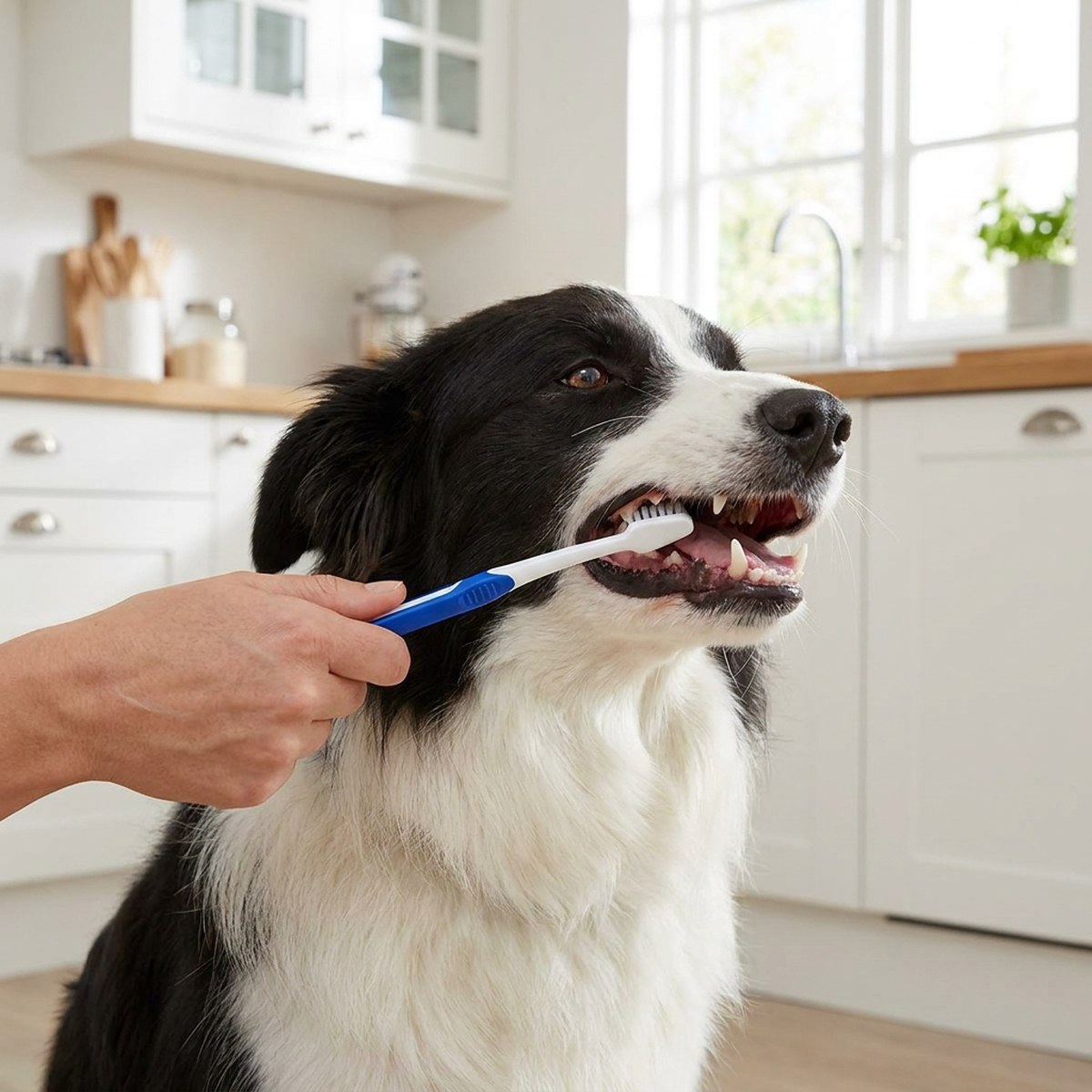 Border collie får de bakre tänderna borstade med Virbacs klassiska hundtandborste i ett skandinaviskt kök