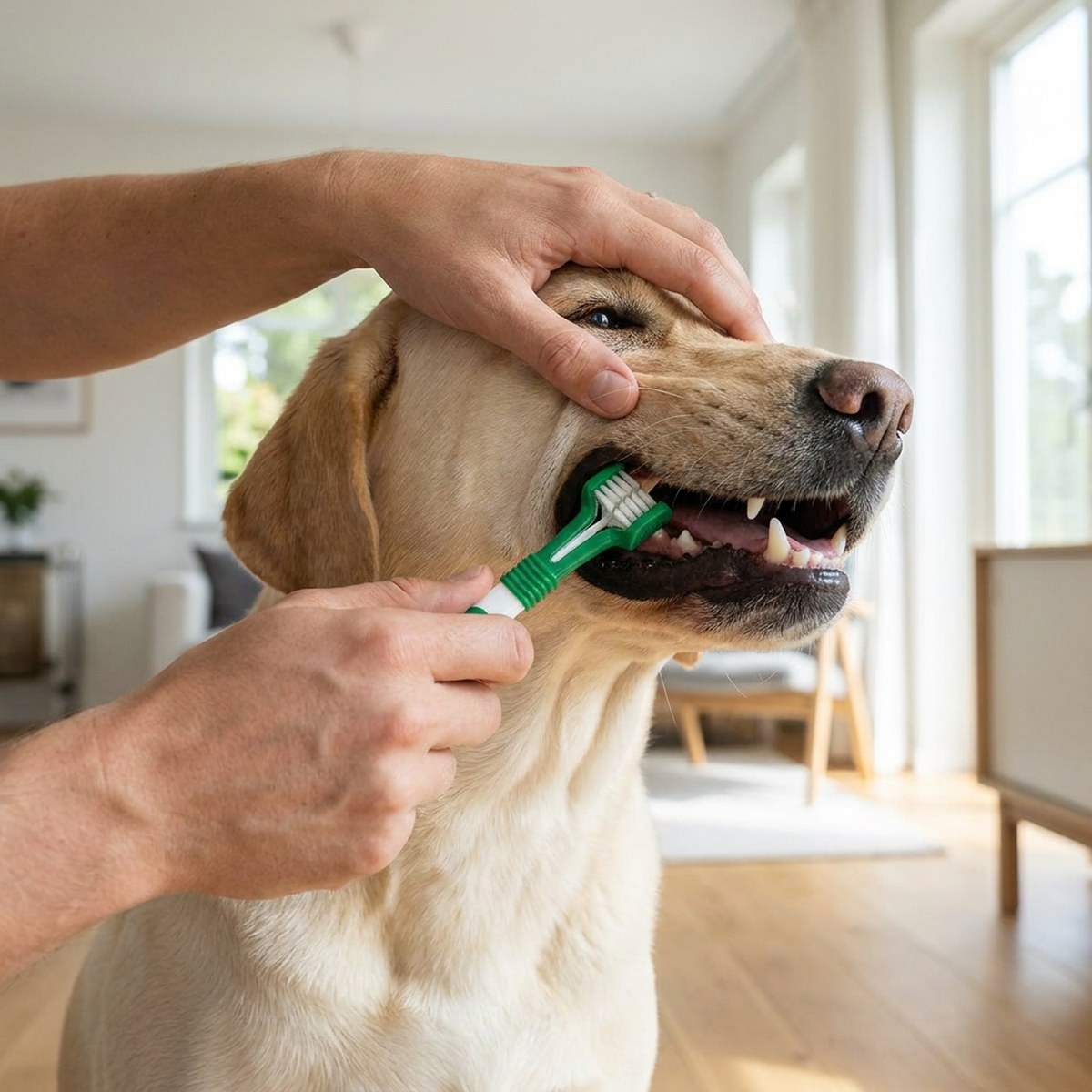 Labrador får tänderna borstade med Vet’s Best trippelhuvade tandborste som omsluter tanden