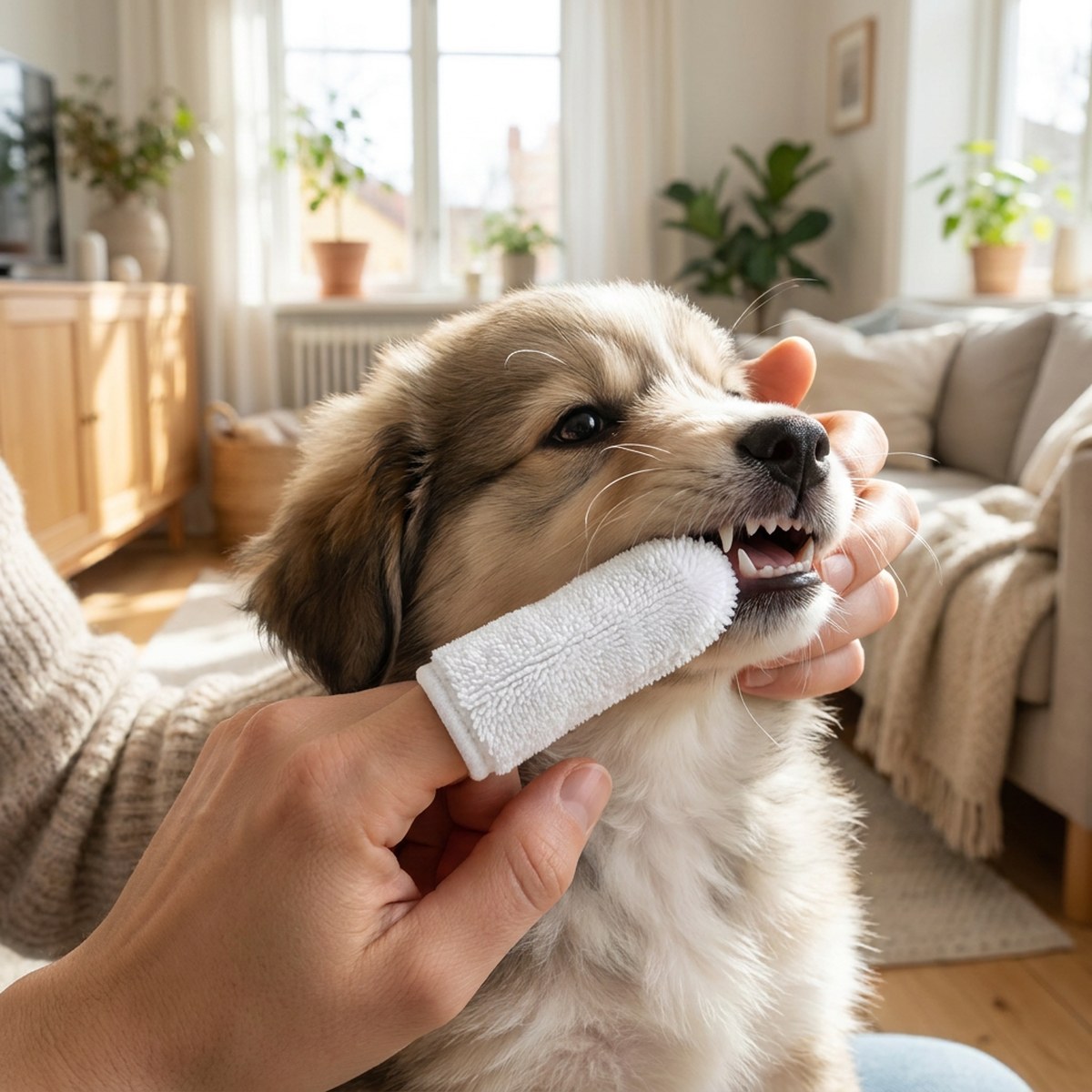 Valp får tänderna gnuggade med Petosans mjuka mikrofiber-fingertandborste i ett soligt vardagsrum
