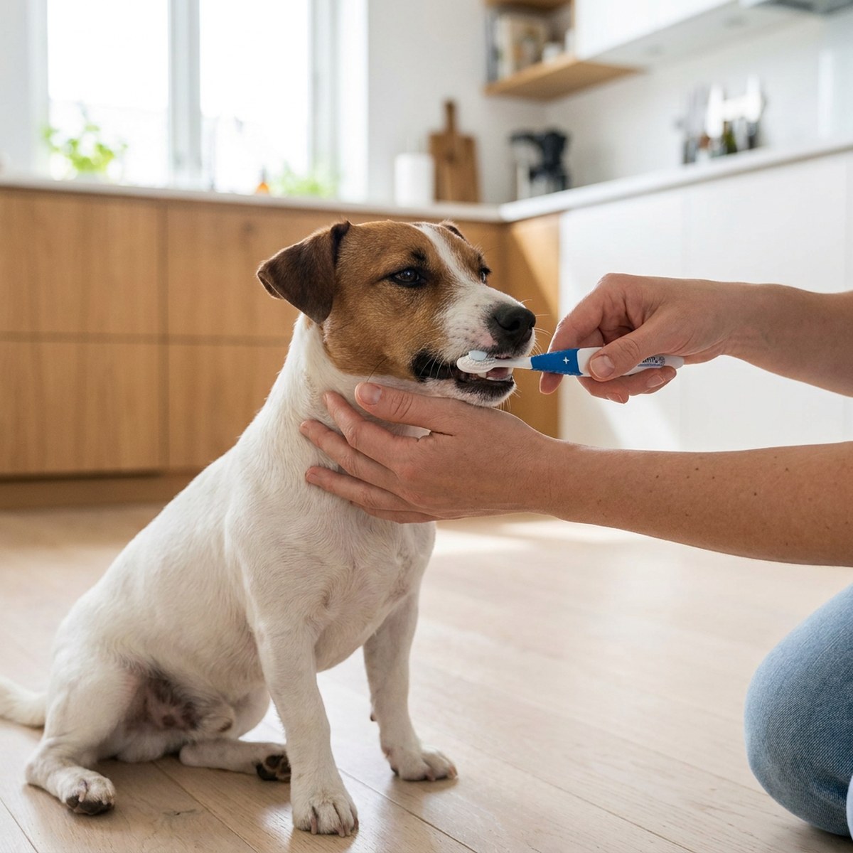 Person borstar tänderna på en lugn jack russell terrier med vit och blå ProDen Restomyl-tandborste i ett ljust kök