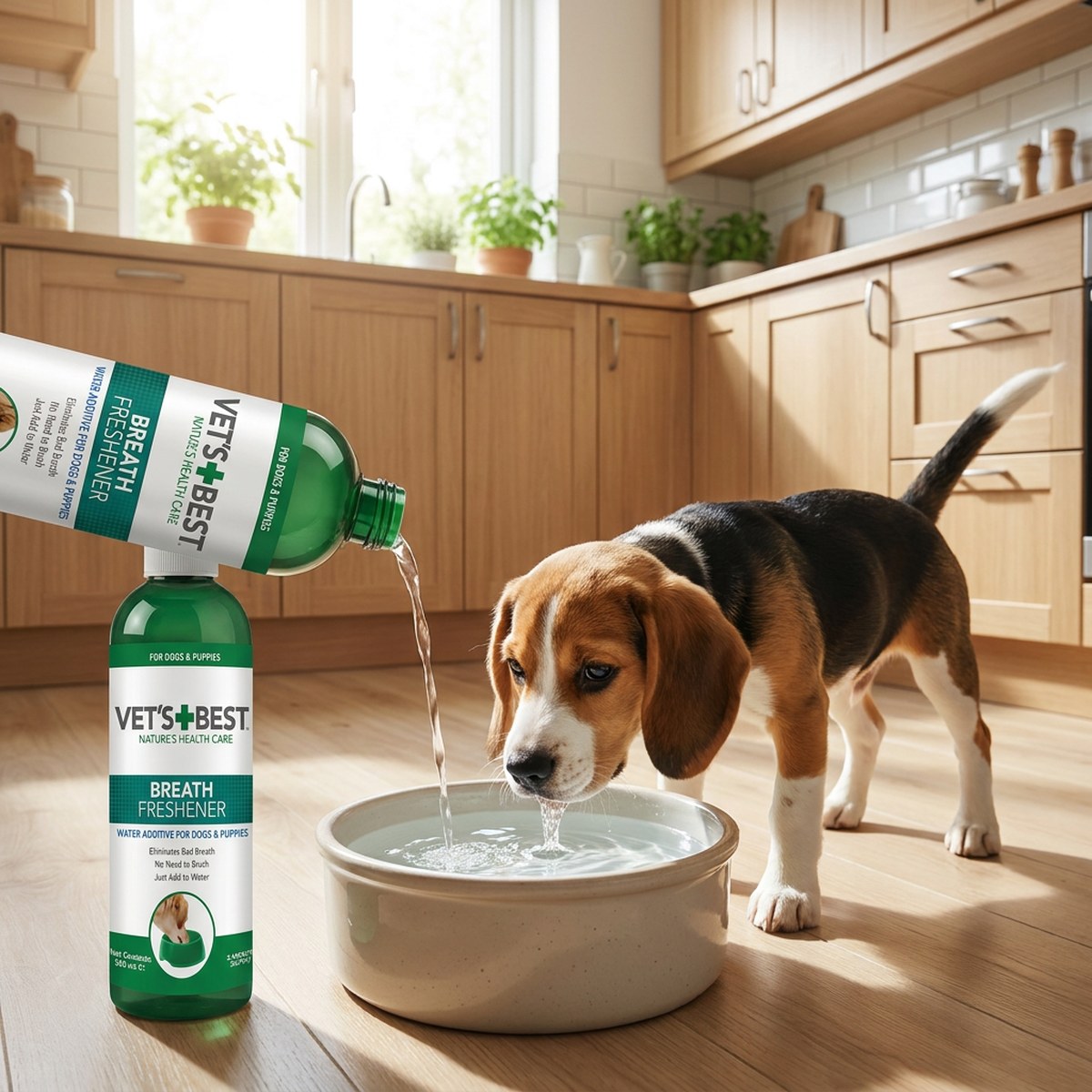 Vet’s Best Fresh Breath vattentillsats hälls i en beagles vattenskål i ett soligt kök