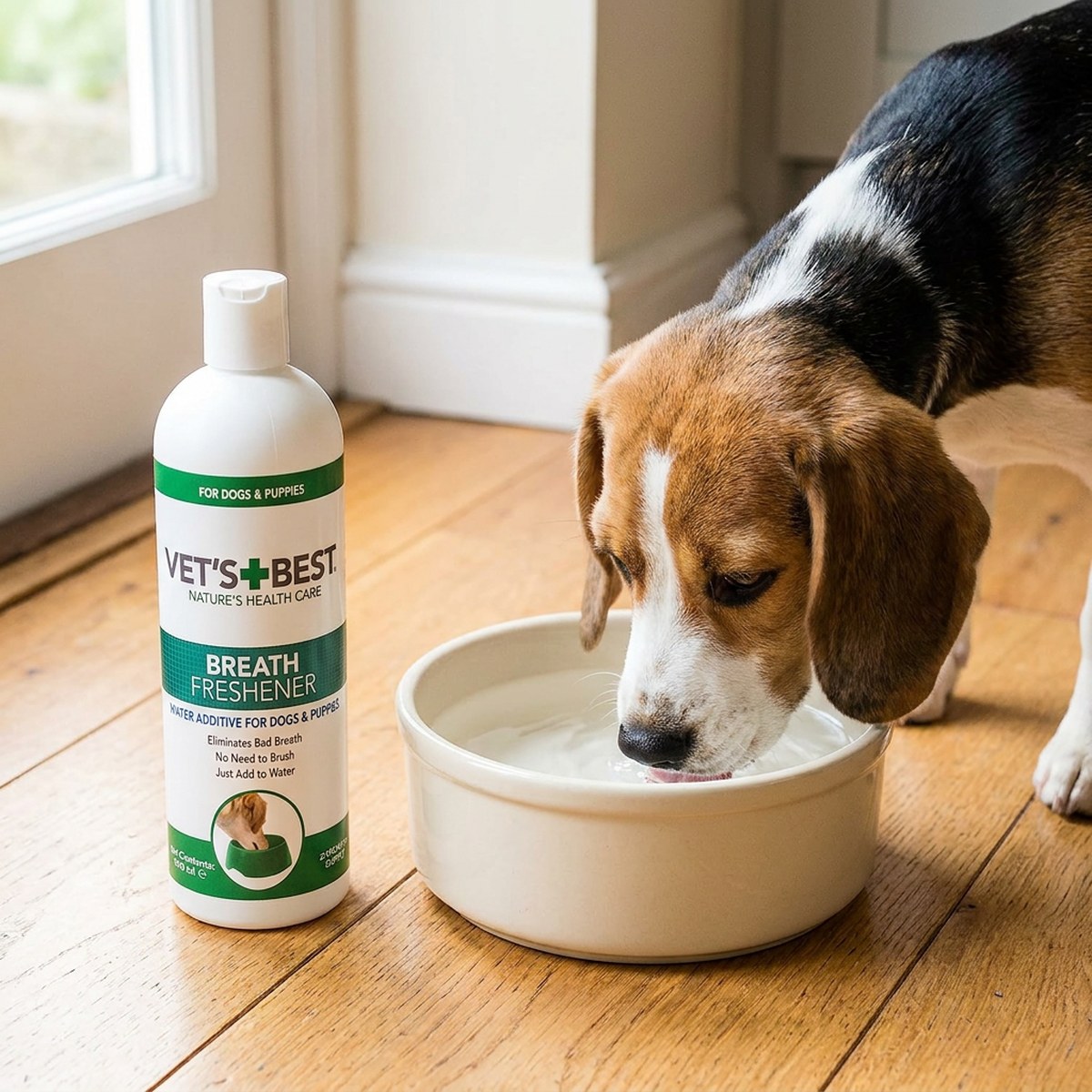 Beagle dricker ur en vattenskål bredvid en flaska Vet’s Best Breath Freshener i ett soligt kök