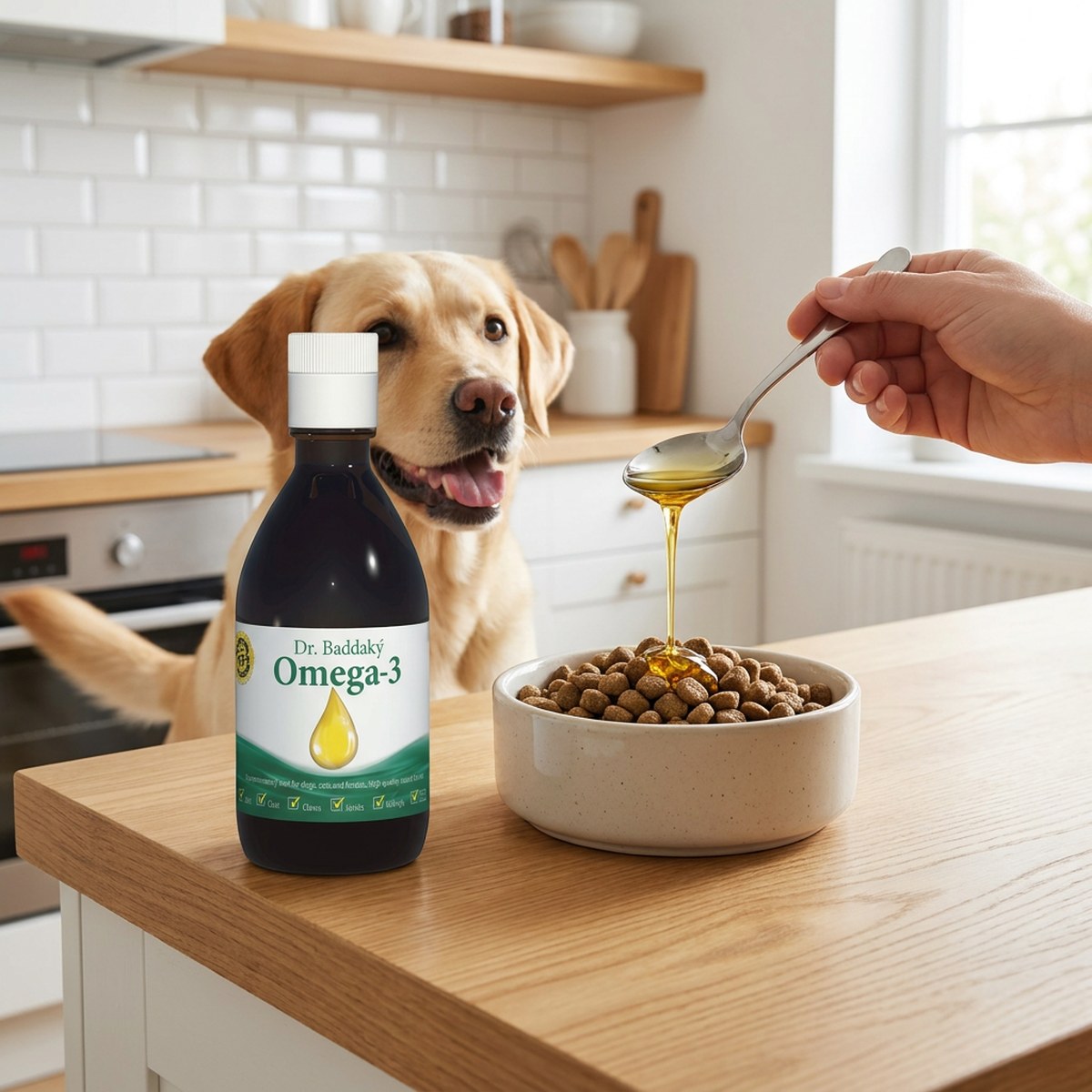 Dr Baddaky Omega-3-olja hälls med sked över torrfoder medan en labrador väntar i ett ljust kök