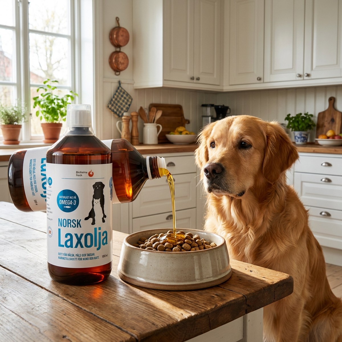 Stor literflaska BioSalma Norsk Laxolja hälls över matskålen bredvid en golden retriever i ett lantkök