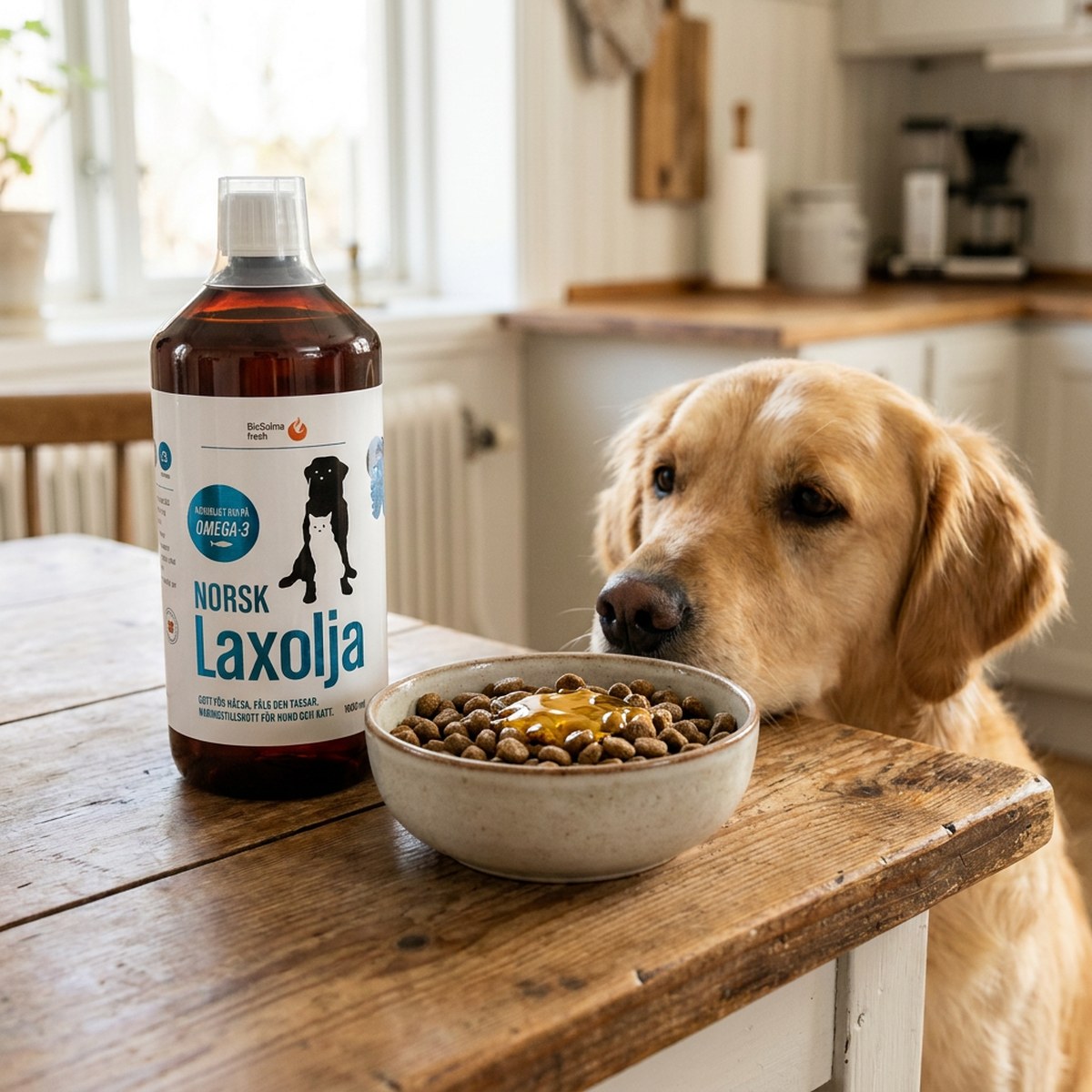 Literflaska BioSalma Norsk Laxolja bredvid en skål torrfoder med laxolja, golden retriever vilar hakan mot bordet