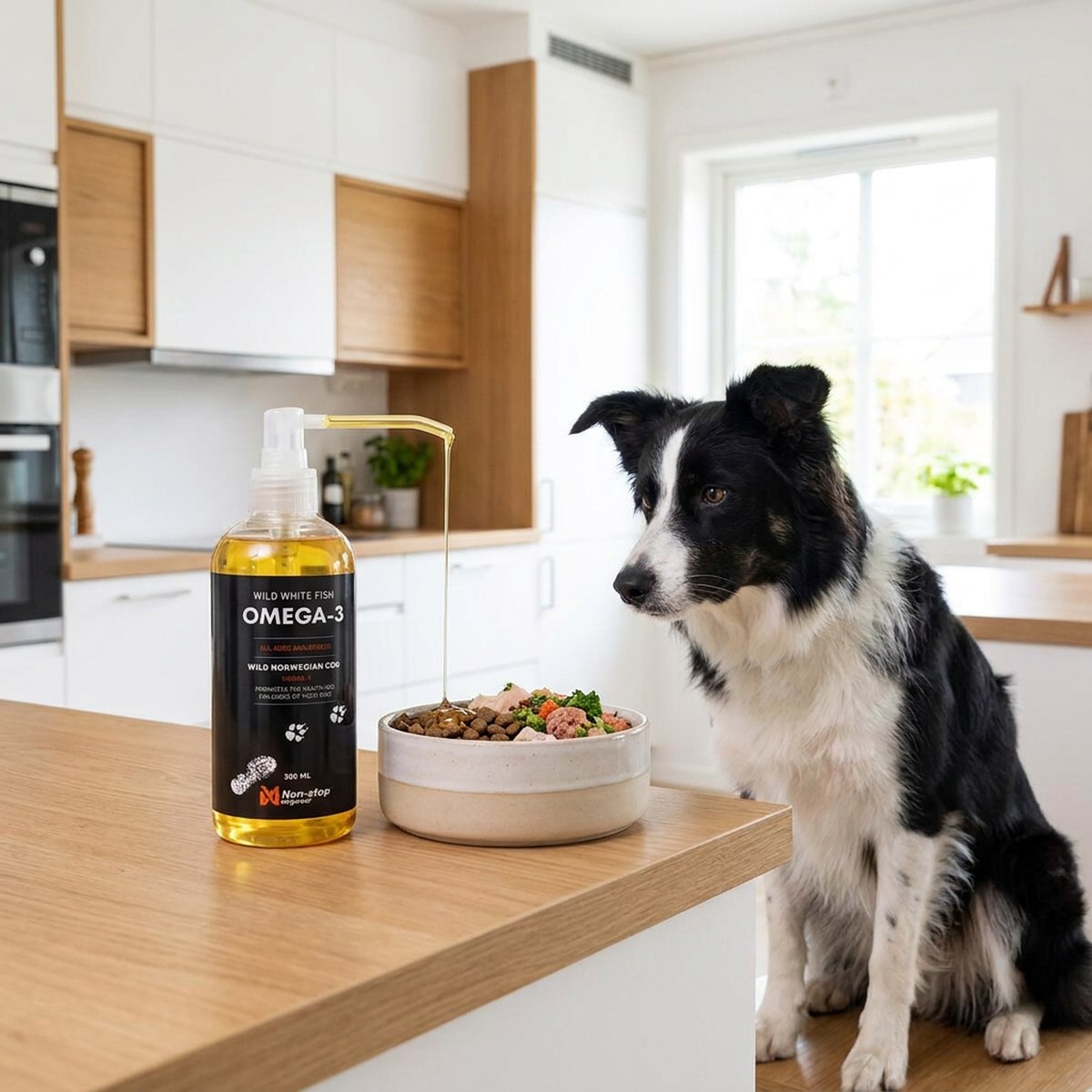 Non-Stop Wild Fish Omega-3 fiskolja hälls över råfoder medan en border collie tittar på i ett modernt kök