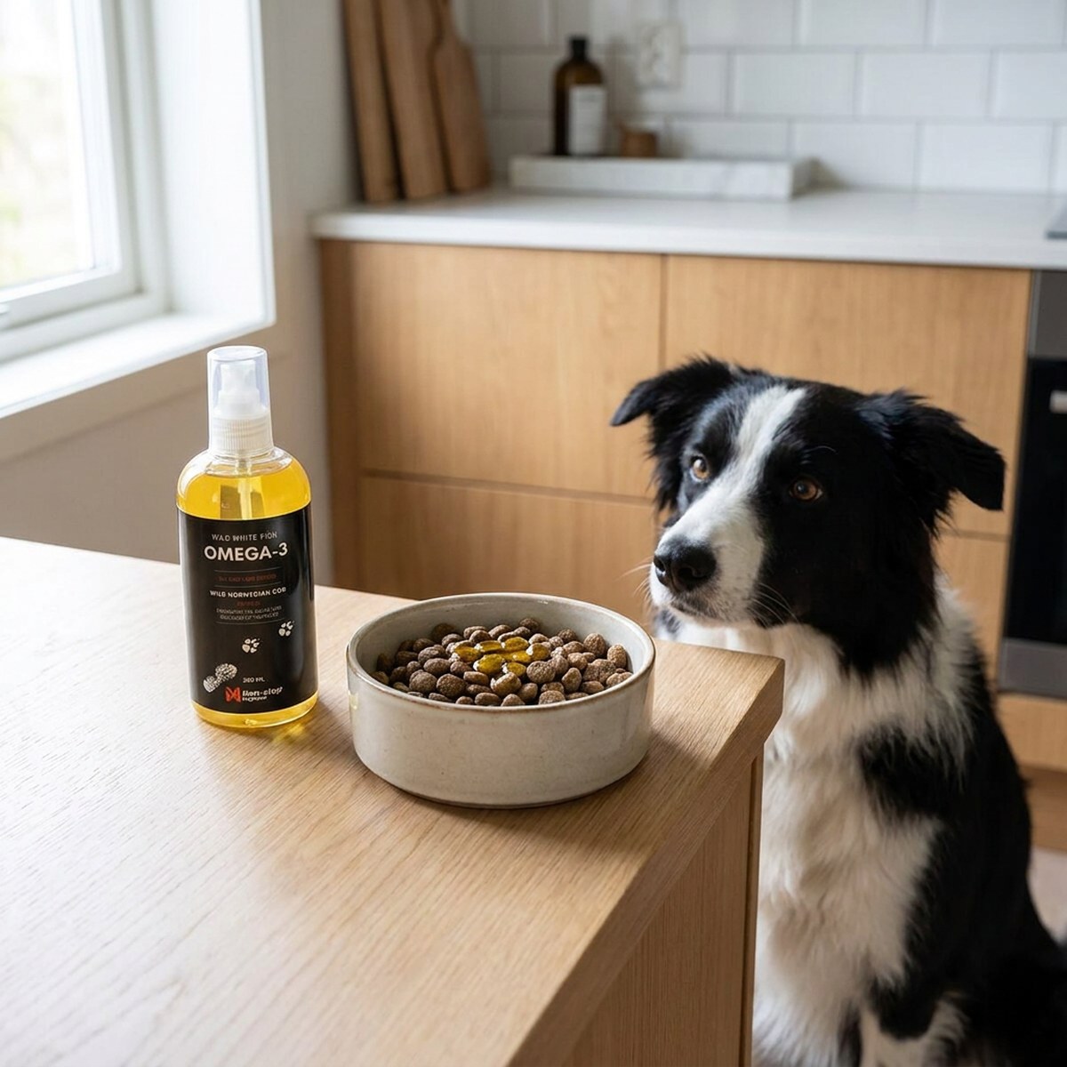Flaska Non-stop Wild Fish Omega-3 på köksbänken bredvid en skål hundmat med olja, border collie tittar på