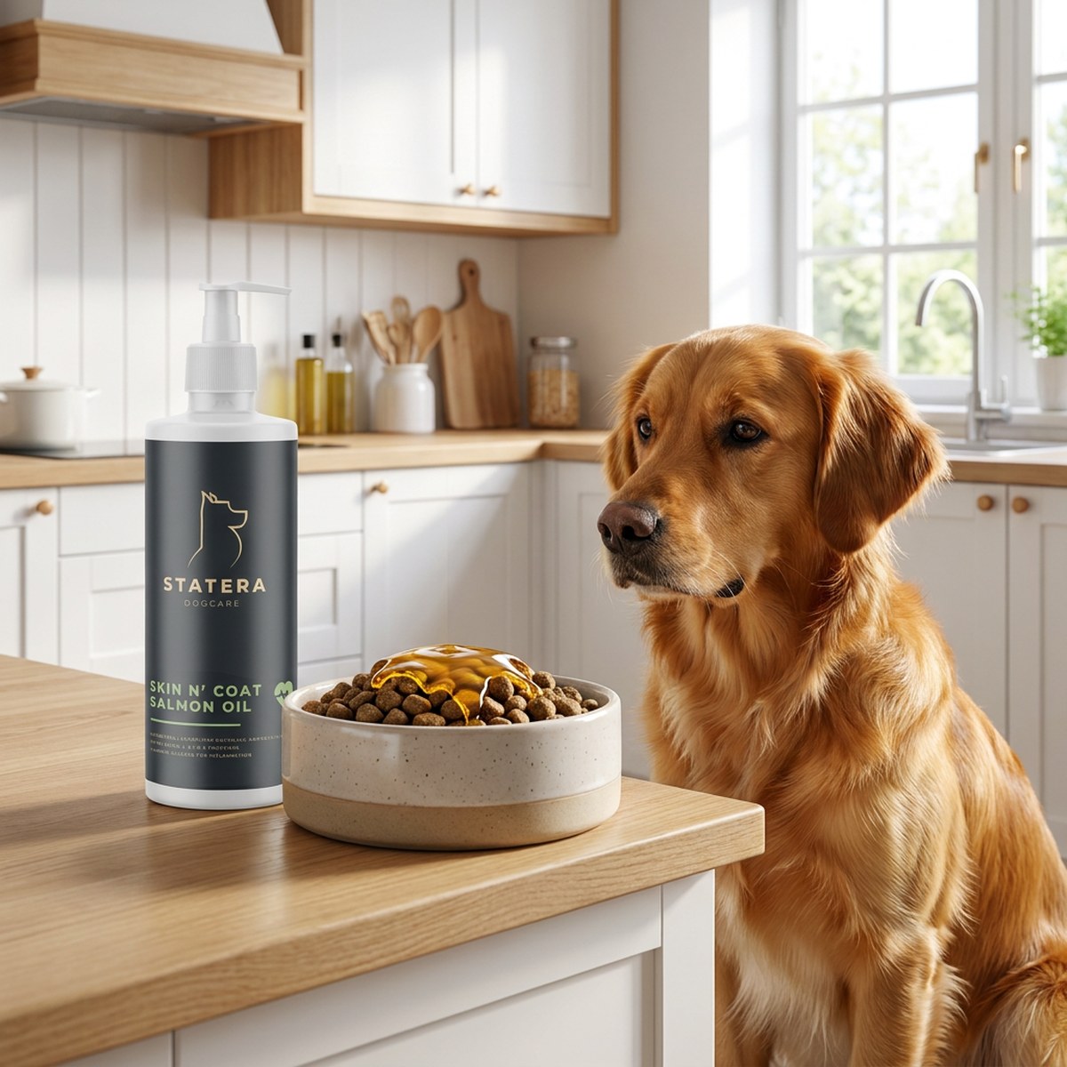 Statera Skin n’ Coat laxolja bredvid matskål och en glänsande golden retriever i ett ljust kök