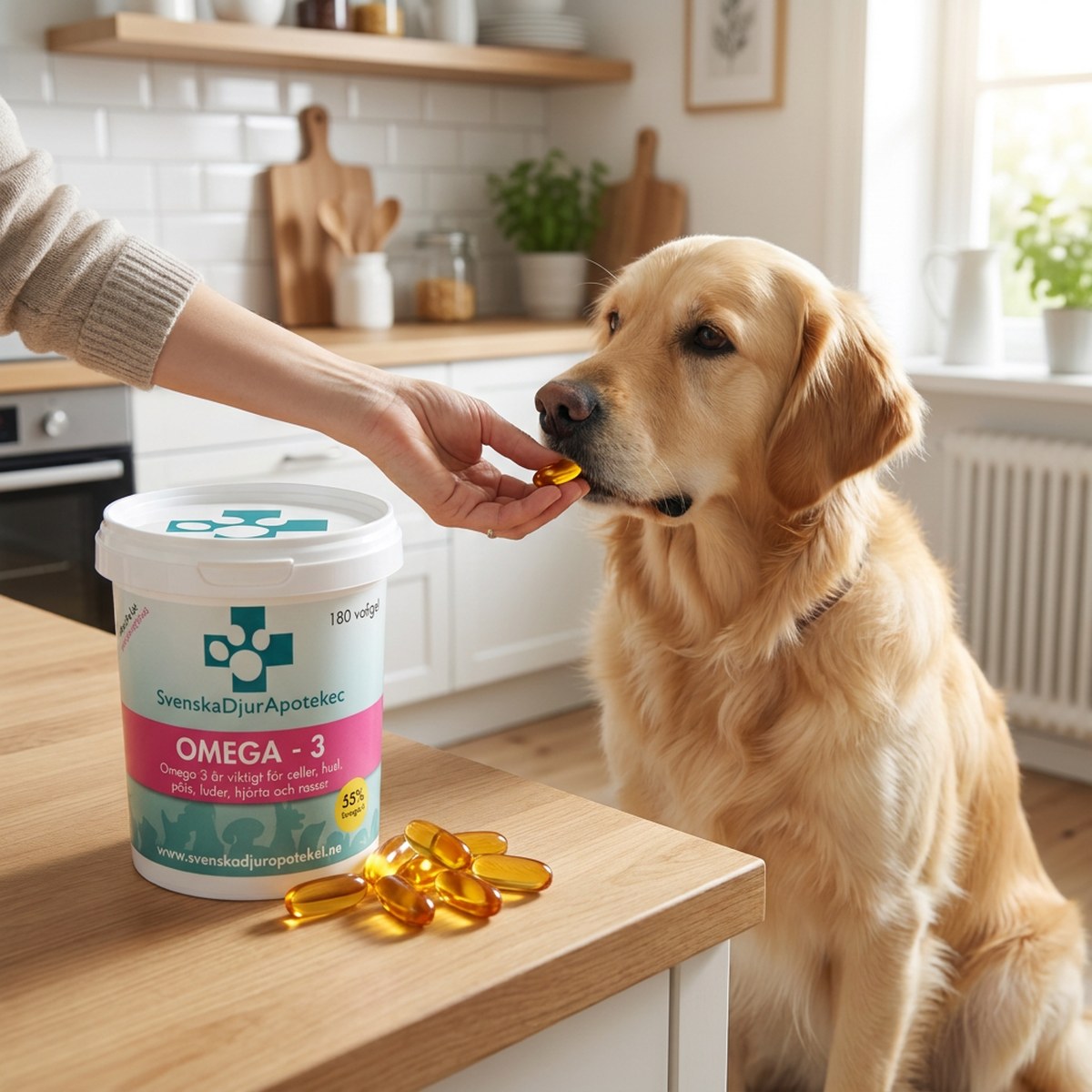Ägare ger en amber omega-3-kapsel ur Svenska Djurapotekets burk till en golden retriever i ett ljust kök