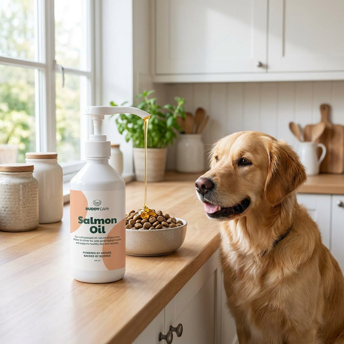 Buddy Care Salmon Oil pumpflaska doserar gyllene laxolja över torrfoder bredvid en golden retriever