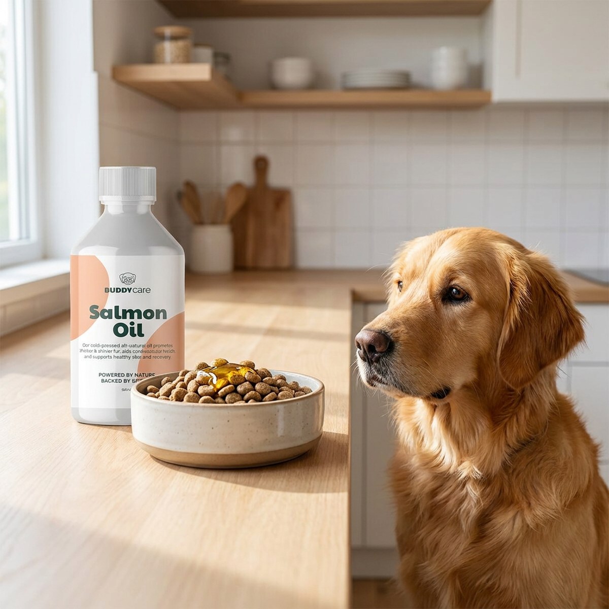 Flaska Buddy Care Salmon Oil på köksbänken bredvid en skål torrfoder med laxolja, golden retriever tittar på