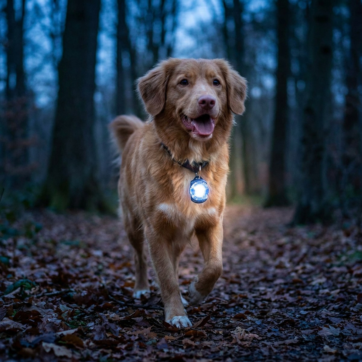 Golden retriever på skogsstig i skymning med en glödande Orbiloc säkerhetslampa på halsbandet