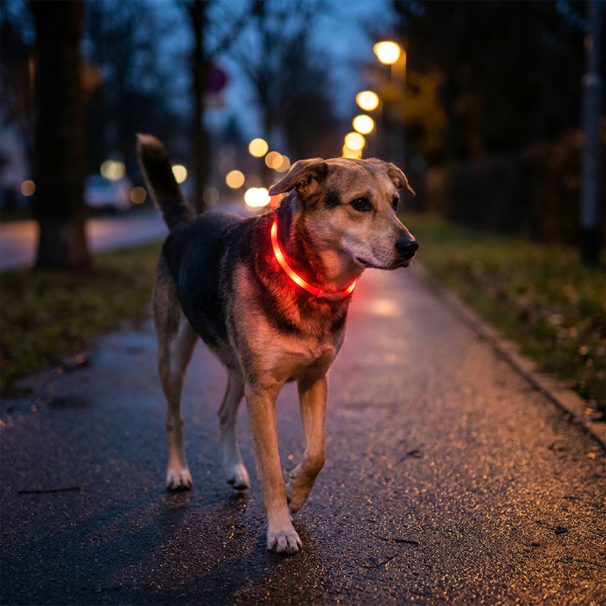 Hund på kvällspromenad i stan med ett lysande LED-halsband runt halsen