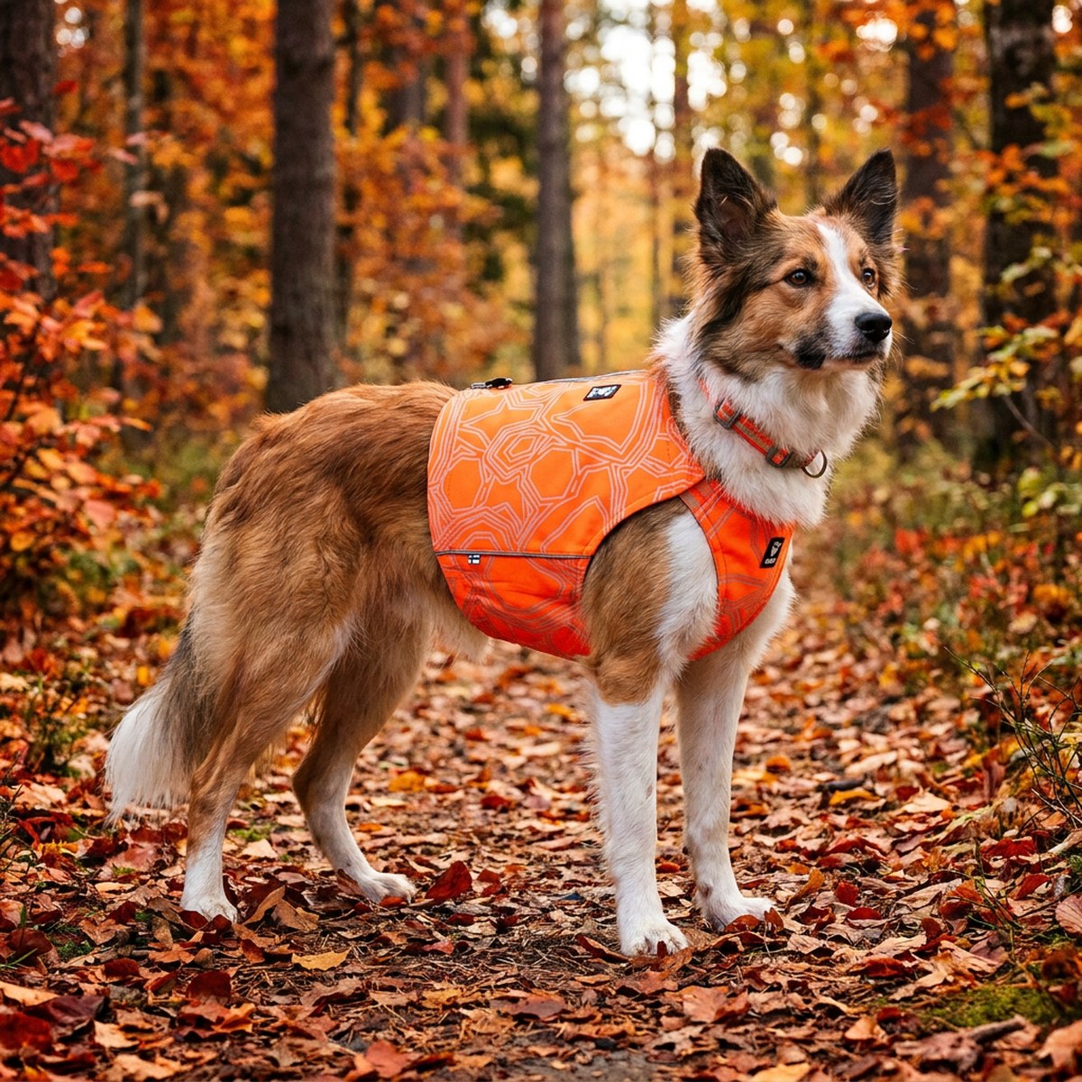 Border collie i höstskog med Hurtta Ranger varselväst i signalorange