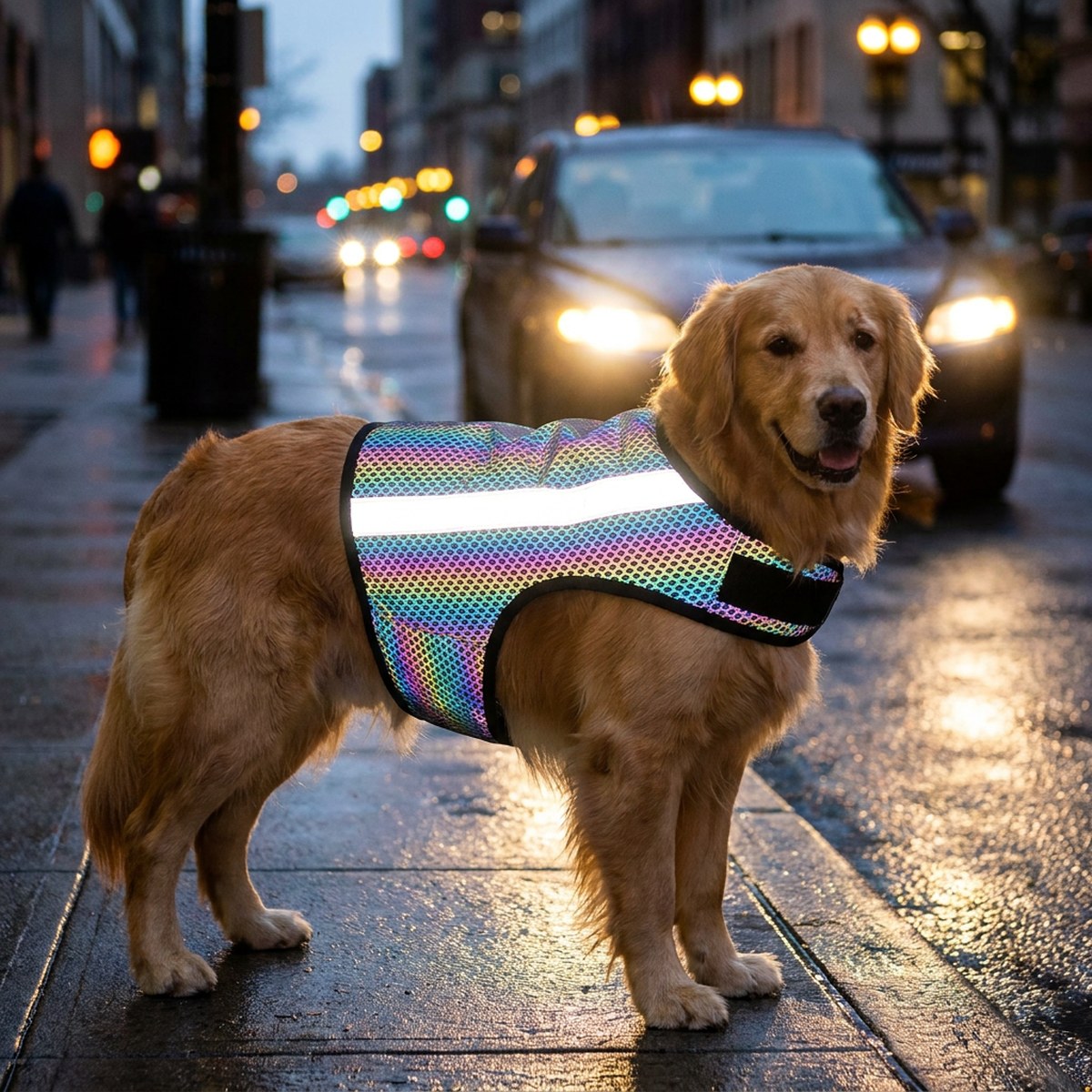 Golden retriever på våt stadsgata med iridescent reflexväst som lyser upp i billyktor