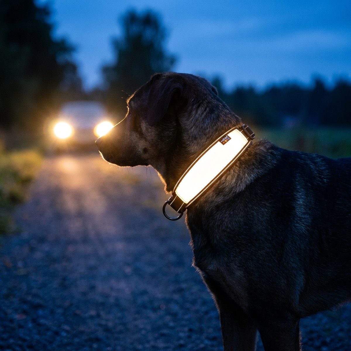 Mörk hund på grusväg i skymning med brett reflexhalsband som lyser upp i billyktor