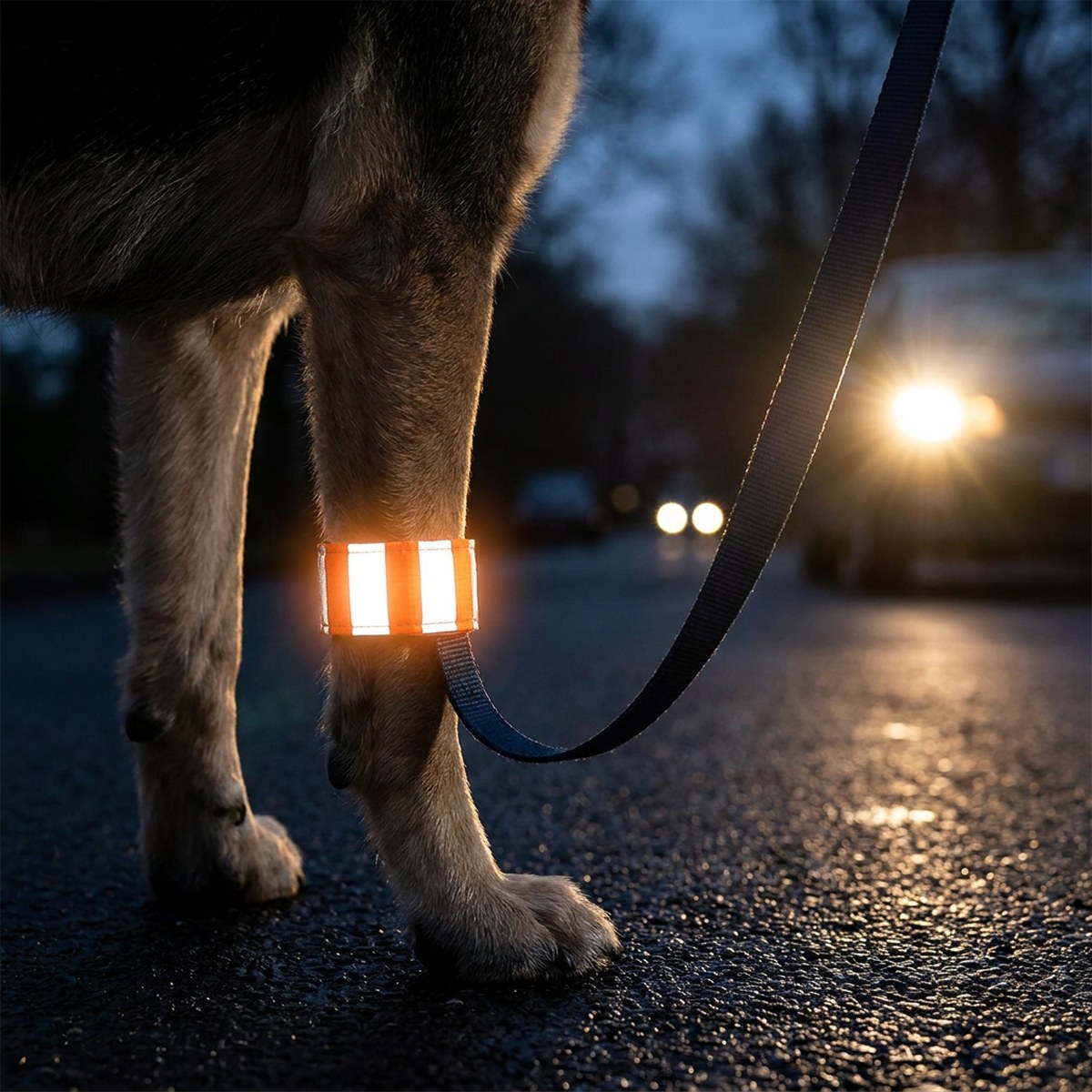 Reflexband runt hundens ben som lyser upp i billyktor på en mörk gata