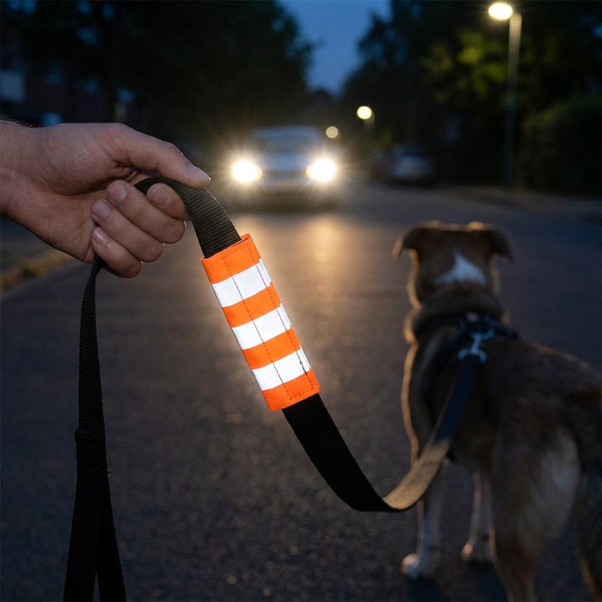 Orange reflexband från Feel Active på ett svart koppel som blänker i billyktor på en mörk gata