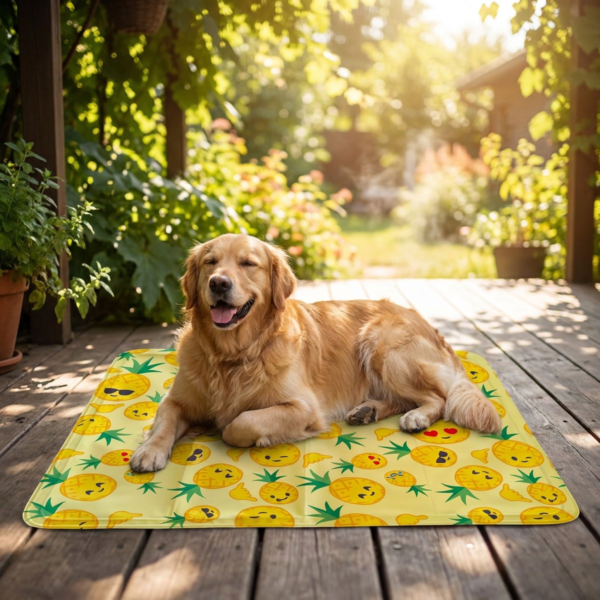 Golden retriever ligger nöjd på en gel-kylmatta med ananasmönster på en skuggad altan en varm sommardag