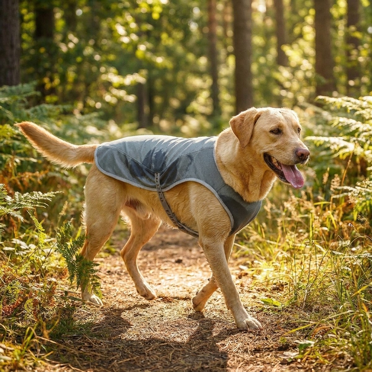 Labrador på sommarpromenad i skogen med en grå evaporativ kylväst