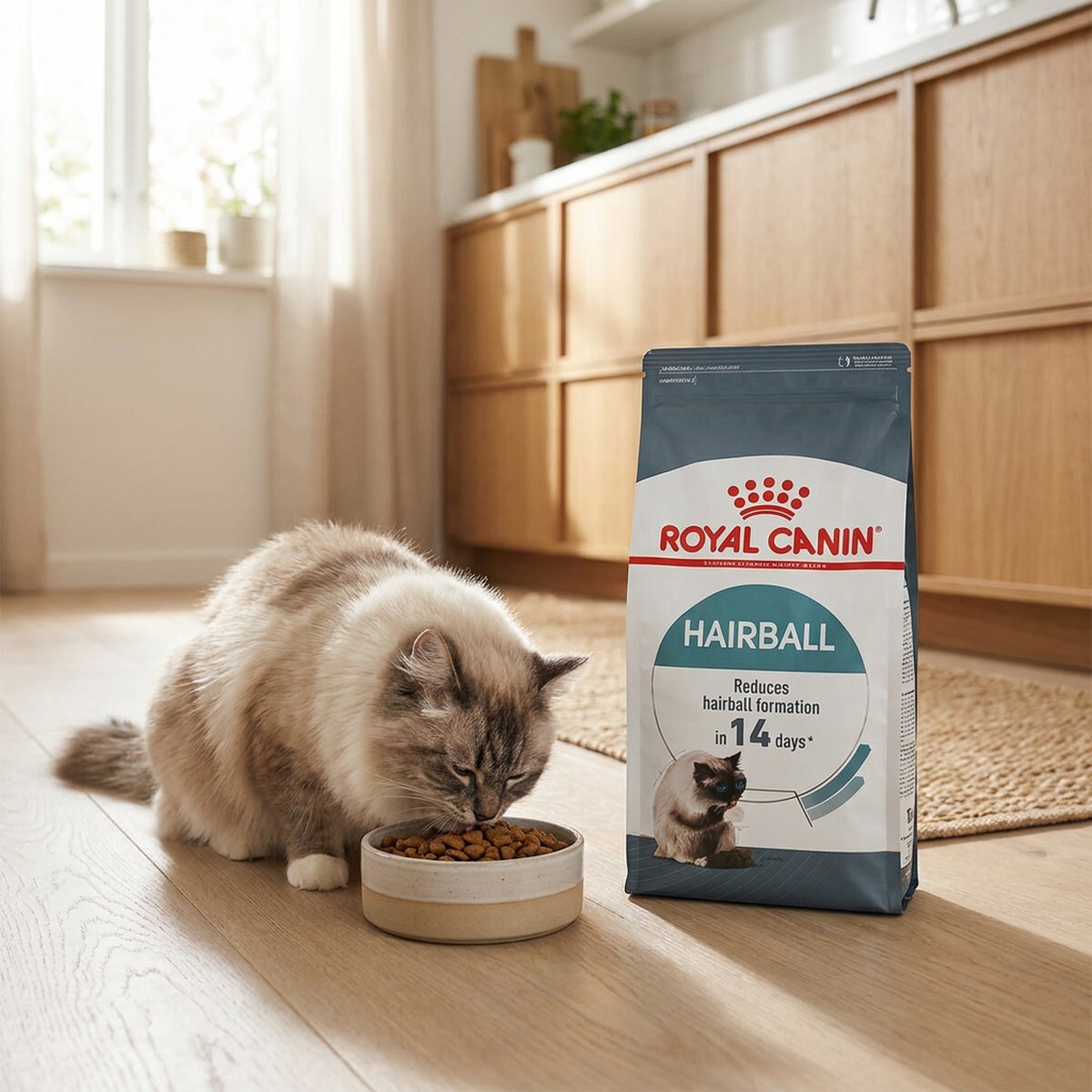 Långhårig katt äter Royal Canin Hairball Care torrfoder ur en skål bredvid förpackningen