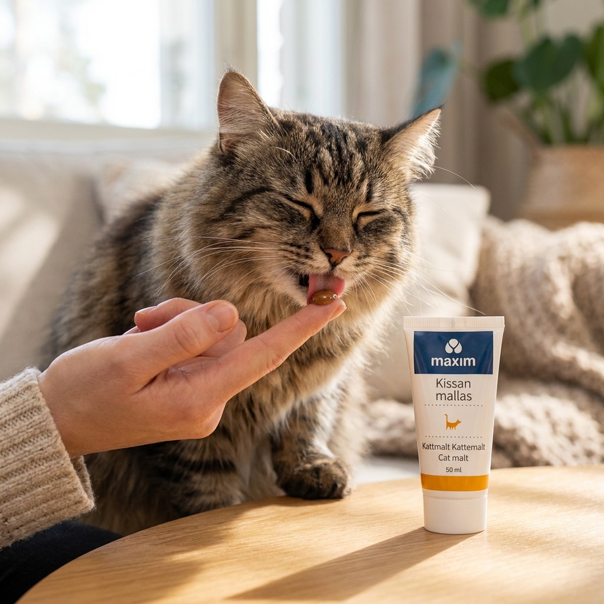 Katt slickar kattmalt från ägarens finger med Maxim Kattmalt Gel-tuben på bordet