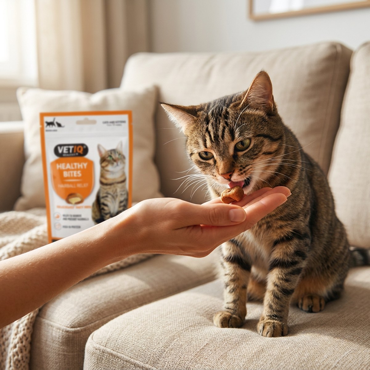 Katt äter ett mjukt VetIQ Healthy Bites-godis ur ägarens handflata i soffan, påsen syns bakom
