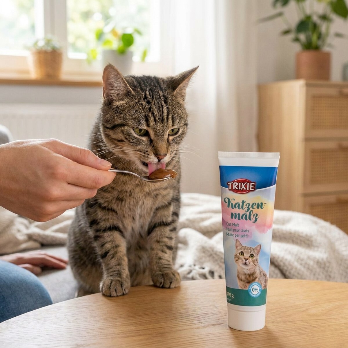 Katt slickar maltpasta från en sked bredvid Trixie Kattmalt-tuben i ett ljust hem