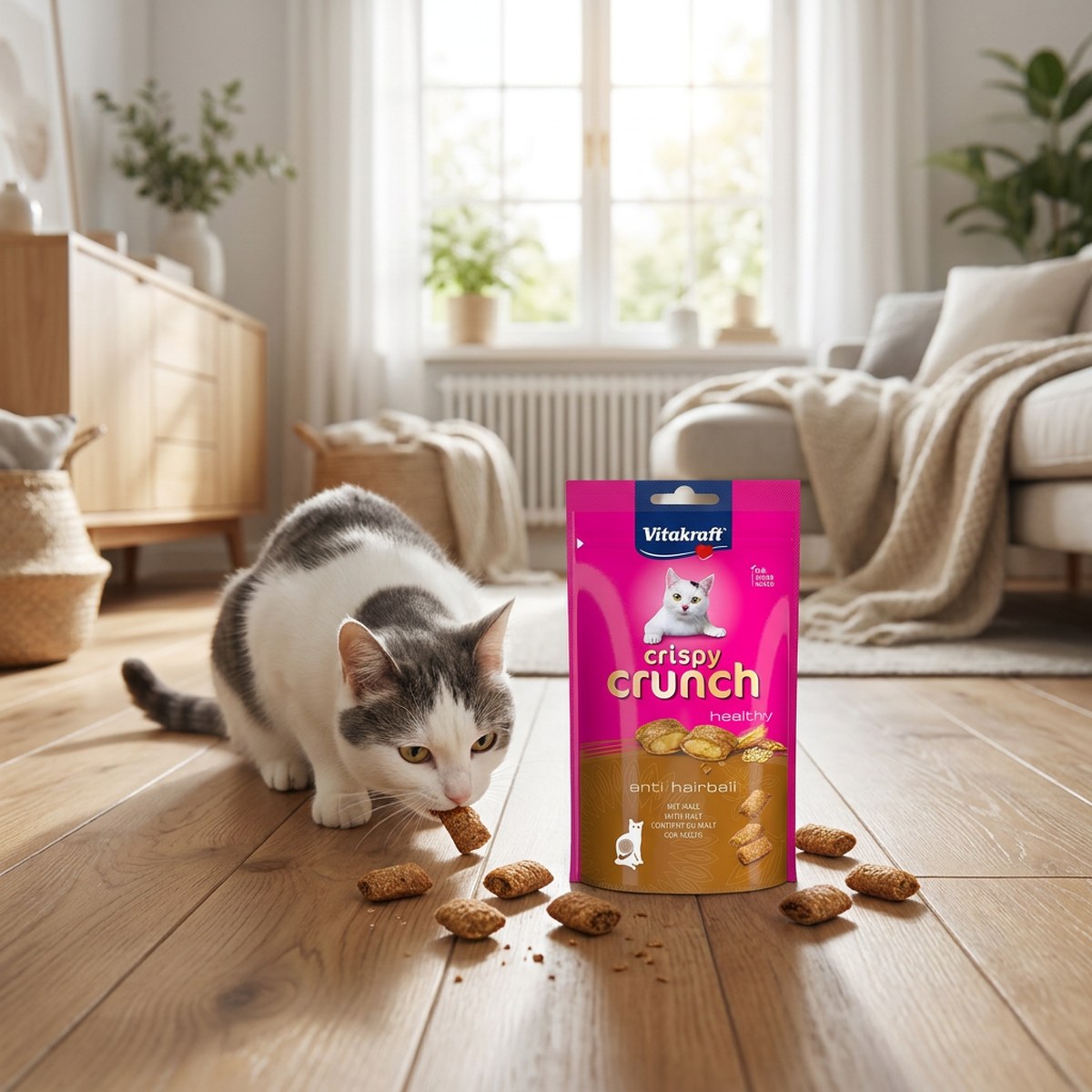 Vit och grå katt äter krispiga Vitakraft Crispy Crunch-godisbitar från golvet bredvid påsen