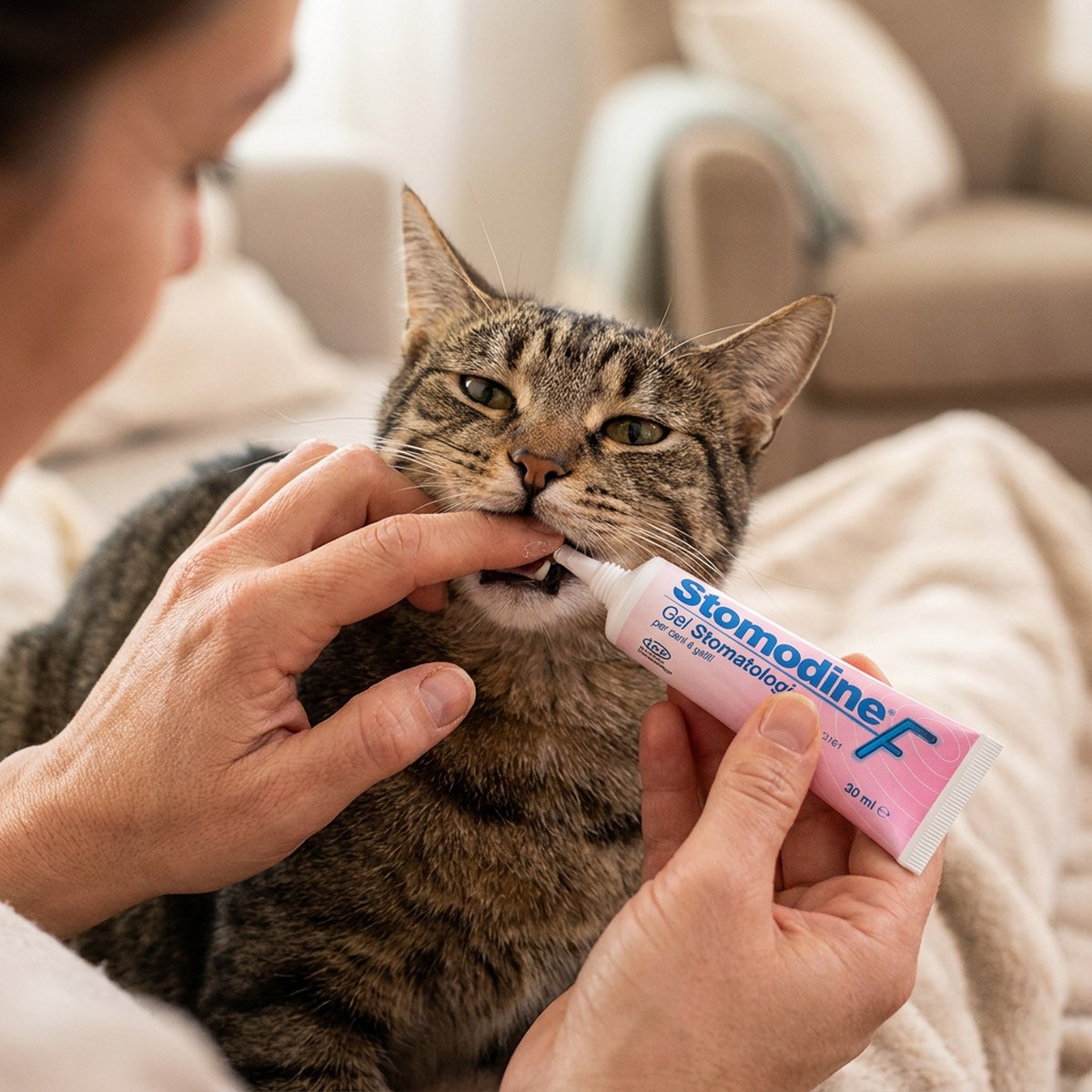 Ägare applicerar Stomodine F klorhexidingel längs tandköttsranden på en lugn katt