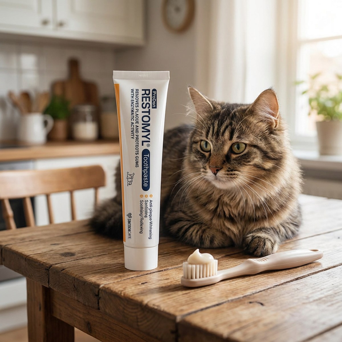 Restomyl enzymtandkräm på ett köksbord med kräm på en kattandborste och en katt bredvid