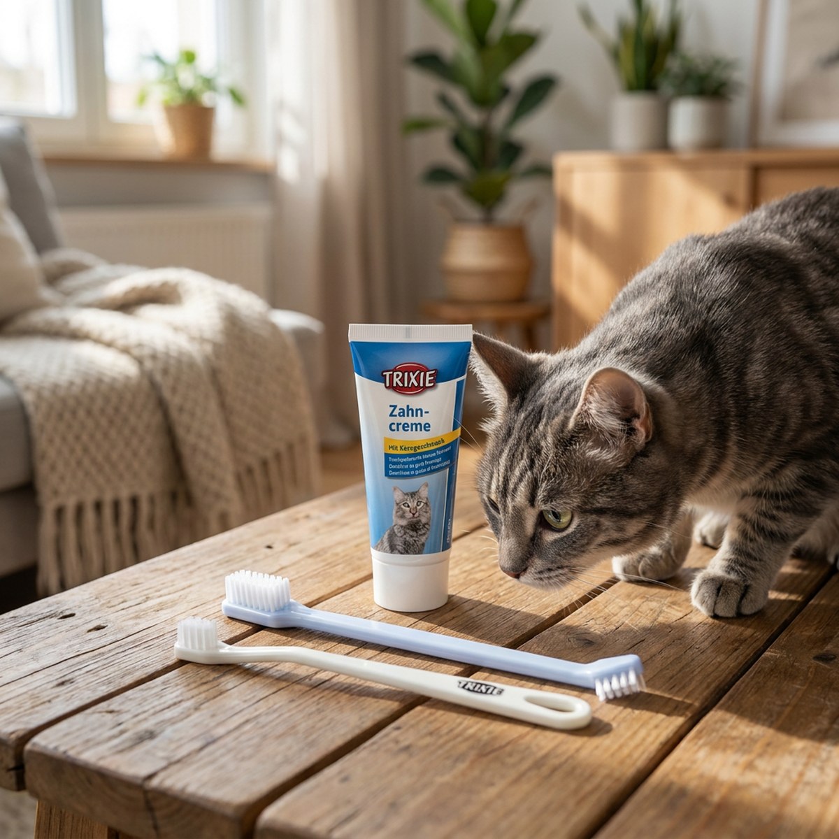 Trixie tandvårdskitt med tandkräm och två kattandborstar på ett träbord medan en katt nosar