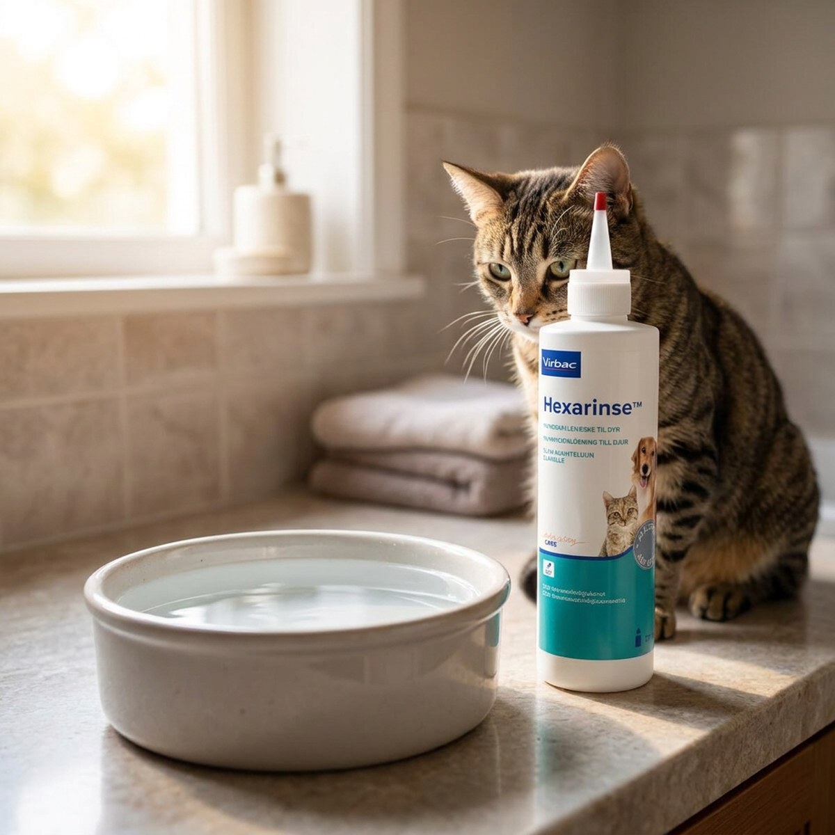 Virbac Hexarinse munsköljflaska på en badrumsbänk bredvid kattens vattenskål