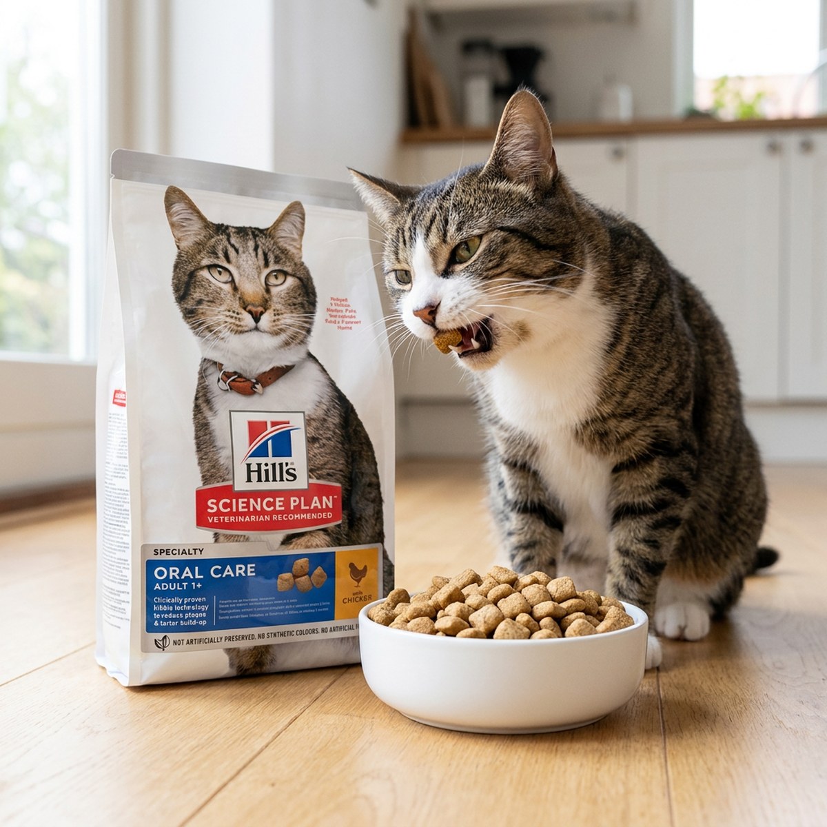 Katt tuggar en foderbit ur en skål bredvid en påse Hill’s Science Plan Oral Care