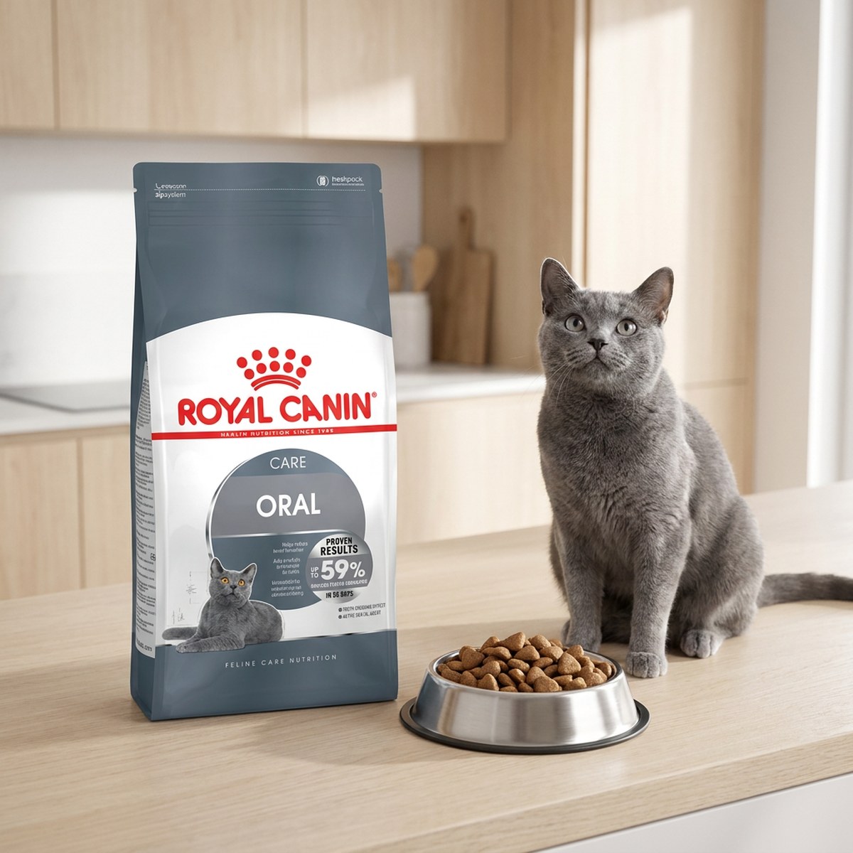 Grå katt sitter bredvid en påse Royal Canin Oral Care och en skål med foder