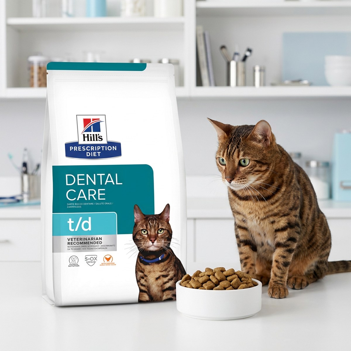 Påse Hill’s Prescription Diet t/d Dental Care på en klinikbänk med katt och foderskål