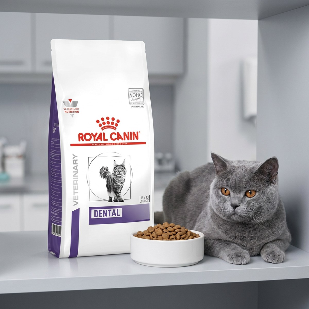 Påse Royal Canin Veterinary Dental med synligt VOHC-sigill, bredvid en katt och en foderskål