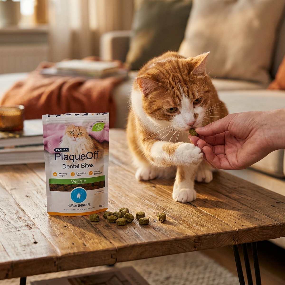 Katt tar en dentalbit ur en hand bredvid en påse ProDen PlaqueOff Dental Bites