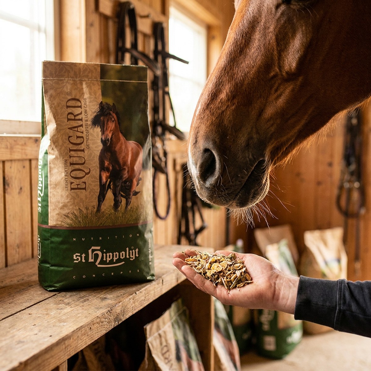 Påse St. Hippolyt EquiGard Nordic Müsli på en hylla i foderkammaren, en hand med müsli i handflatan och en fux som nosar