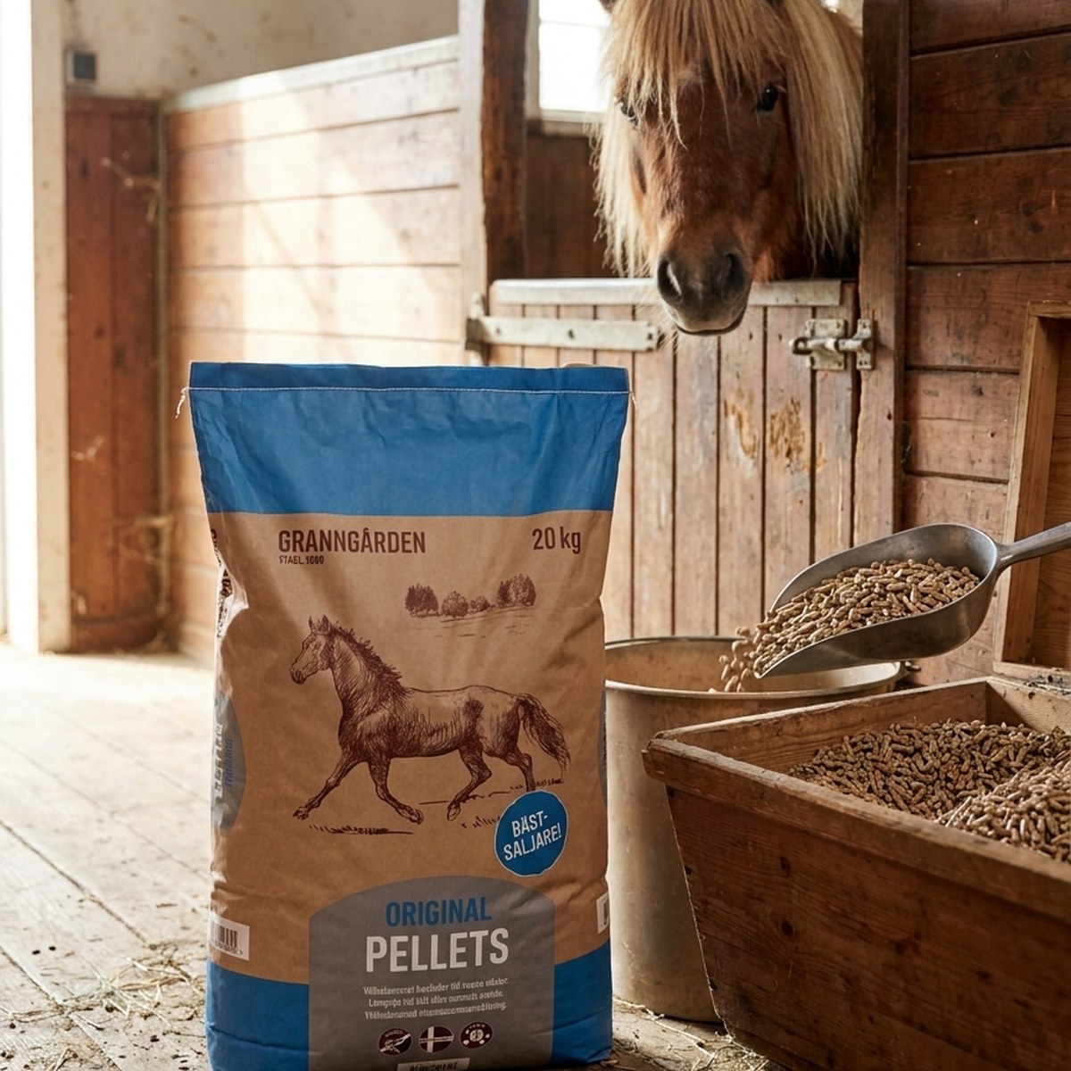 Säck Granngården Original Pellets i foderkammaren med en skopa pellets och en shetlandsponny som tittar över boxdörren