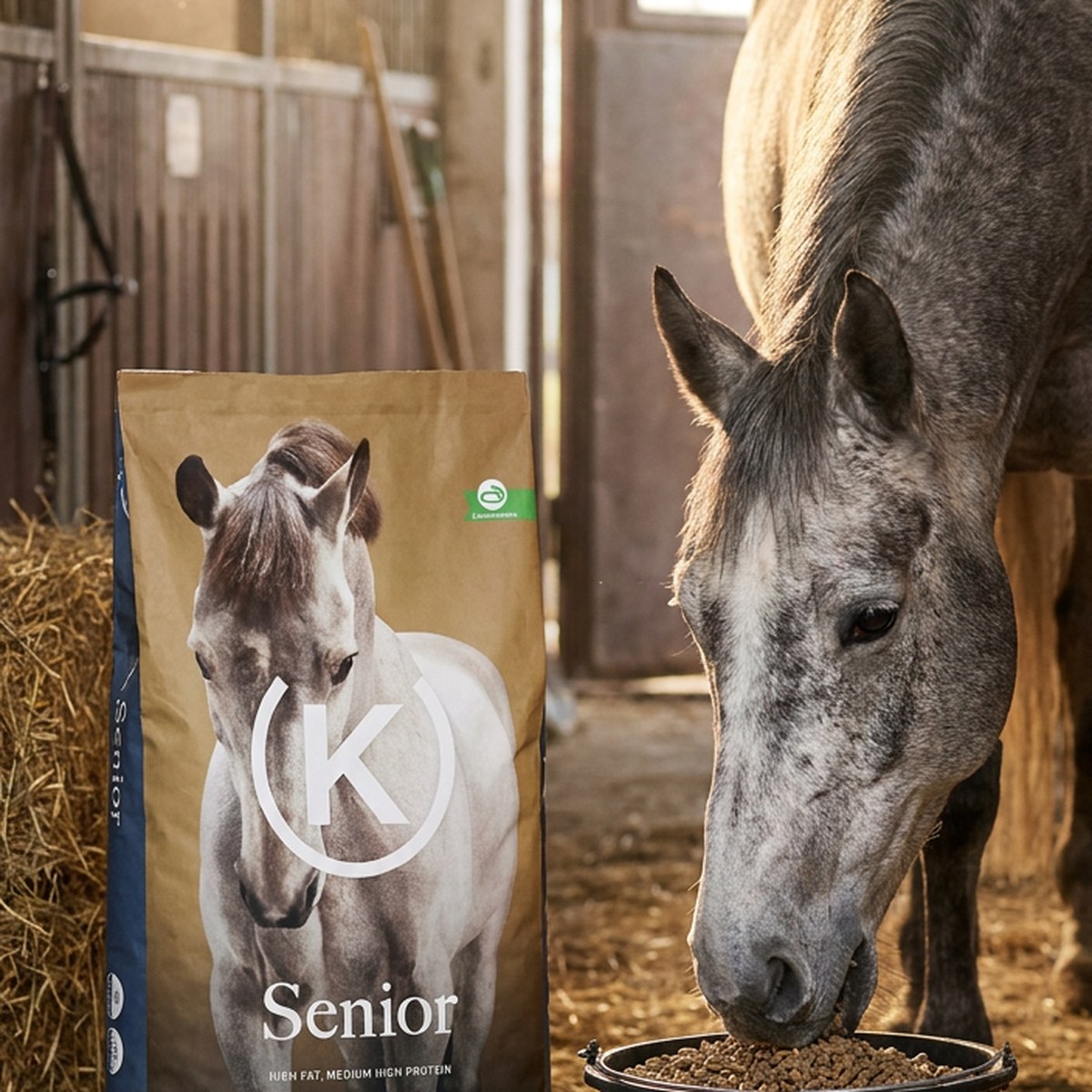 Säck Krafft Senior Pellets bredvid en hink där en äldre gråskimmel äter pellets i morgonljus